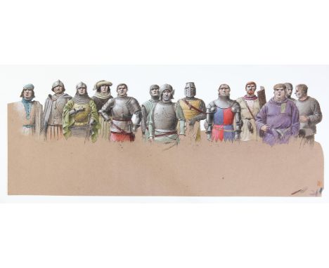   Cut 0ut illustration of thirteen Knights and other figures by Paul Birkbeck 1939-2019,  56 x 12 cms.,  ABOUT PAUL BIRKBECK;