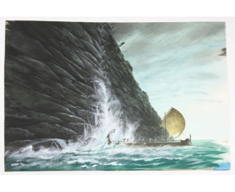   BBC Zig Zag, Greek myths (probably from the Odyssey), Paul Birkbeck 1939-2019,  Ulysses ship sailing away from cliffs, 35 x