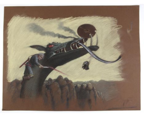   For Case TV, The Story of Beowulf illustrated by Paul Birkbeck 1939-2019, Beowolf fighting with the monster Grendell, 54 x 