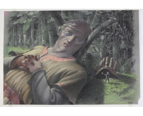   Gulliver in Lilliput, ill. Paul Birkbeck 1939-2019, written by  Jonathan Swift, Gulliver asleep in the wood a Lilliputian m