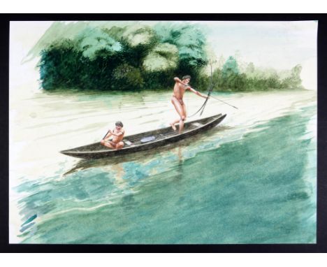   Ethnographic series, Paul Birkbeck 1939-2019, Two Amazonian figures in a boat one with bow and arrow poised to shoot at fis