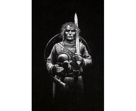   For Case TV, The Story of Beowulf illustrated by Paul Birkbeck 1939-2019, Black and white illustration of Beowulf, 20 x 13 