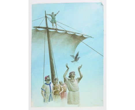   Paul Birkbeck 1939-2019, Classical Greek sailors at sea, one releasing a pigeon, 48 x 34 cms, not signed, ABOUT PAUL BIRKBE