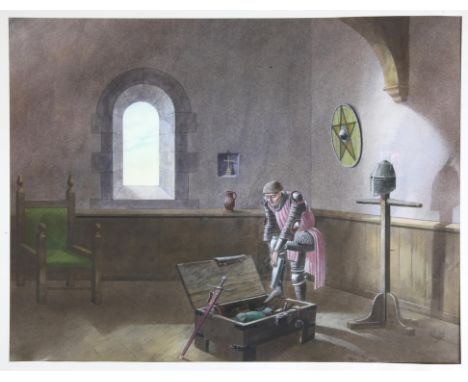   For The British Council, Gawain and the Green Knight (JRR Tolkein), ill, Paul Birkbeck 1939-2019,  Sir Gawain putting on hi