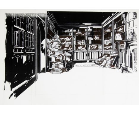   BBC Jane at War, Paul Birkbeck 1939-2019, Ghastly Grange library with piles of books, pen and ink drawing, 27 x 43 cms.. no