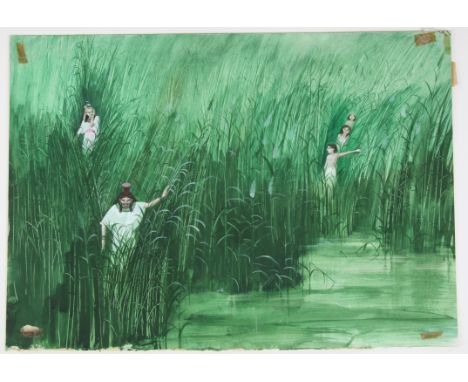   BBC Zig Zag, Ancient myths (Egyptian), Paul Birkbeck 1939-2019,  figures in tall grass, water-colour, 38 x 54 cms., not sig