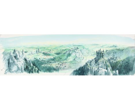   Panoramic landscape by Paul Birkbeck 1939-2019, with a castle in the foreground, 33 x 107 cms. ABOUT PAUL BIRKBECK; an appr