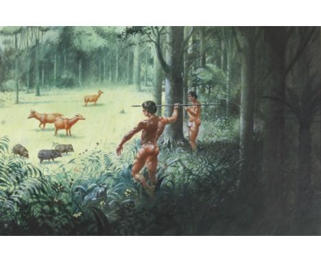   Ethnographic series, Paul Birkbeck 1939-2019, Amazonian tribesmen hunting with spears, 31 x 49 cms., mounted on board, not 