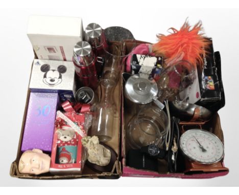 Two boxes containing home wares, digital photo frame and scales, thermos flasks, figures, etc.