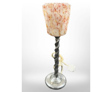 An Art Deco chrome-plated table lamp with marbled glass shade, height 45cm.