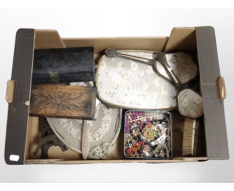 Two boxes containing oak and EPNS Tantalus, model ship, drinking glasses, dressing table items.