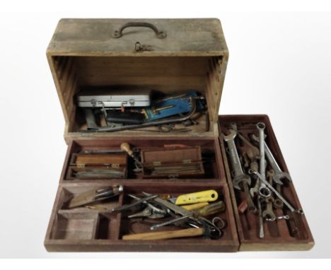 An antique joiner's toolbox containing assorted tools, hunting knife, etc.
