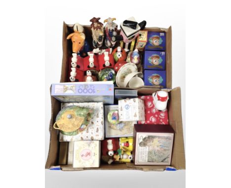 Two boxes containing Beatrix Potter collectables, Snoopy ornaments, Royal Doulton Bunnykins china, Disney's Aladdin-themed ce