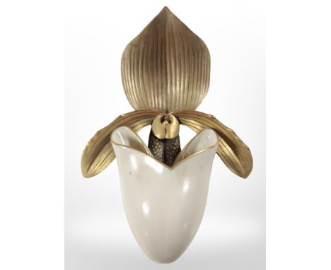 A Royal Worcester gilt porcelain wall pocket in the form of a slipper orchid, length 20cm.