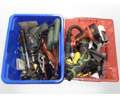 Two boxes of various power tools and hand tools.