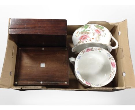 A Victorian inlaid rosewood table box and mahogany example, and two ceramic chamber pots.