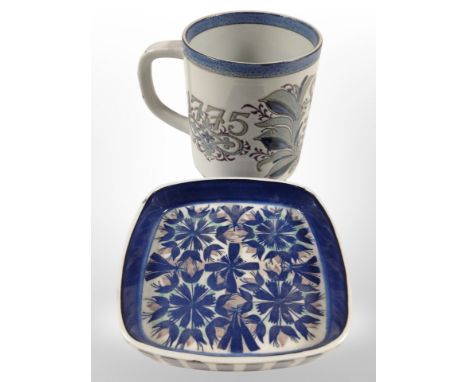 A Royal Copenhagen fajance mug, and a Danish square-shaped blue and white dish.