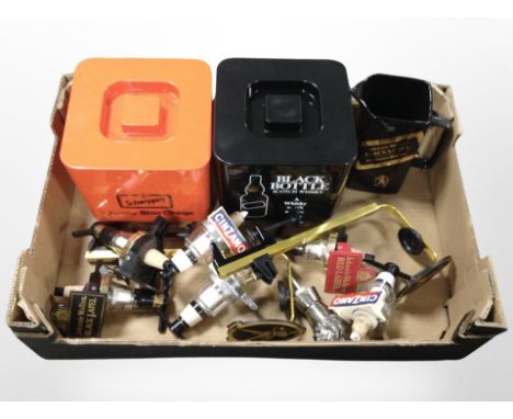 A box of brewing-related items including bar optics, Johnnie Walker ceramic whisky mug, plastic ice boxes, etc.