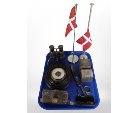 Two Danish chrome desk flagpoles, together with antique binoculars, barometer, pair of tailor's scissors marked 'Solingen', a