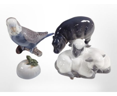 A Royal Copenhagen hippo, pair of sheep and frog sitting on rock, and a Bing and Grøndahl figure of a bird, height 9.5cm.