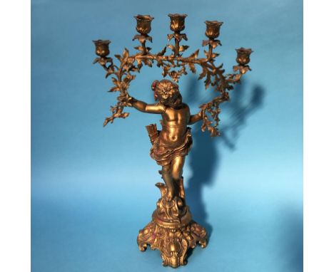 A gilt metal figural candelabra of a female holding aloft five sconces, 60cm height