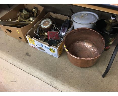Two boxes of assorted brassware, copper planter etc.