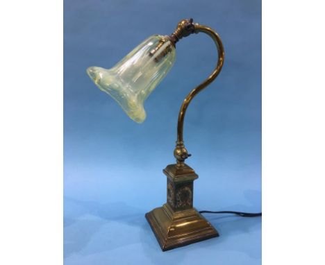 A late 19th century brass angle poise table lamp with Pearline shade, 43cm height