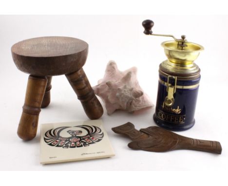A collectors' lot to include a large conch shell, a coffee grinder retailed to Harrods and various Native American collectibl