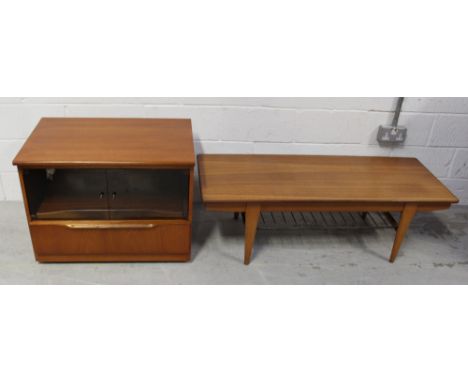 A teak Scandinavian style rectangular coffee table with wirework magazine shelf, width 121cm, and a small G-Plan style teak t