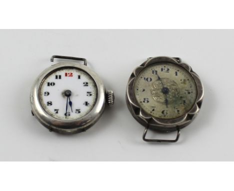 Two vintage hallmarked silver trench watches one with white enamel dial set with Arabic numerals, the other silvered dial set