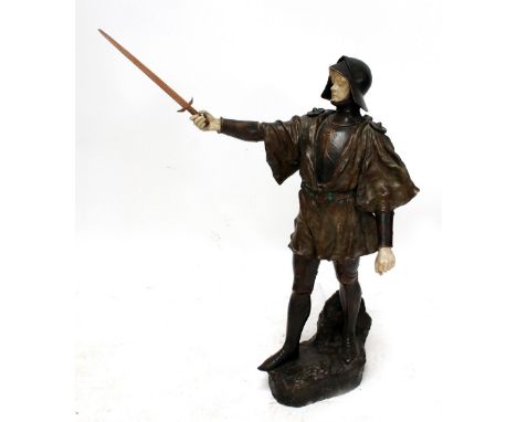 J Dupré for Goldscheider; a large painted terracotta figure, 'Jeanne D'Arc', incised artist signature to base, impressed Gold