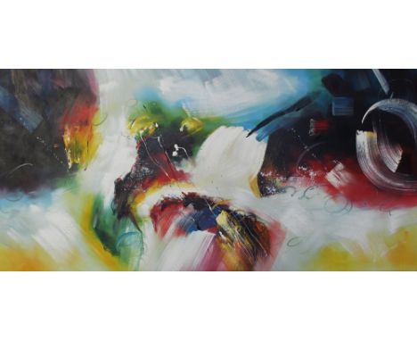 K HILLMAN (20th century); acrylic on canvas, abstract, signed lower-left, 57 x 115cm and another acrylic on canvas, abstract,