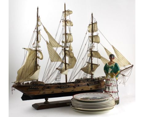 A model of a frigate in full sail, length 80cm, a set of six Royal Worcester, 'The King Arthur Arthurian' plates, a ribbon pl