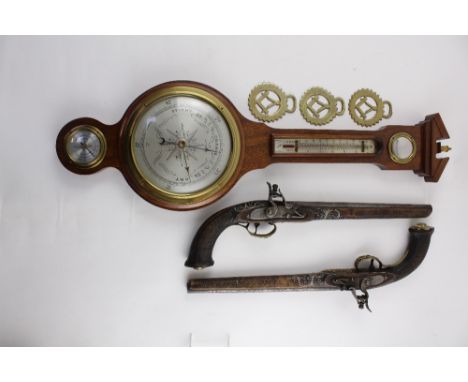 A mixed lot to include a modern mahogany compensated barometer/thermometer with architectural pediment and a pair of replica 