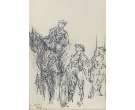 ALEXANDER JAMIESON (1873-1937); pencil and charcoal on paper, a WWI British army officer on horseback with infantry men, sign
