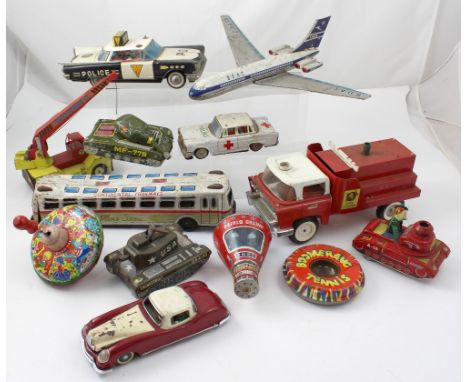 A quantity of vintage, mainly tin-plate toys to include a BOAC aeroplane, a United States Gemini spacecraft, a spinning top, 