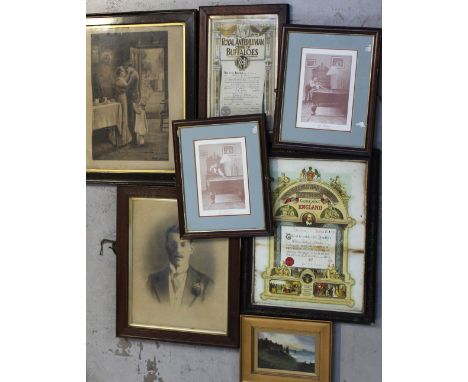 A group of pictures and prints to include an oil on board, North European coastal scene, two sepia photographs of snooker pla