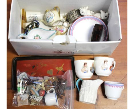 A collectors' lot to include a George V Royal Doulton coronation cups and saucers, two pieces of Belleek, one with black back