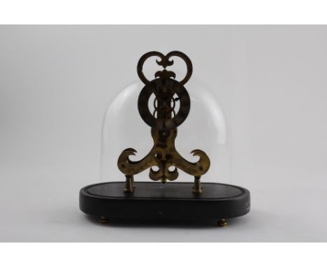 A brass mantel-sized skeleton clock with Roman chapter ring and on ebonised base with later plastic dome, overall height 23cm