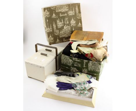 A collection of vintage accessories to include handbags, kid gloves, shoes and a vintage sewing box, width 34cm, with assorte