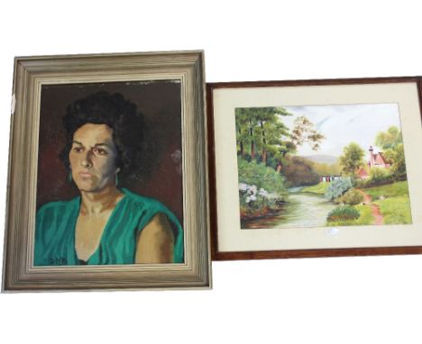 UNATTRIBUTED; oil on board portrait of a lady with green earrings and dress, c1980, initialled DMB lower-left, with 'J Davey 