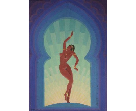 RAYMOND GAUBERT (20th century); a late 1960s early 1970s oil on panel, portrait of a flapper in Eastern arch, signed lower le