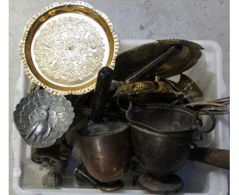 A quantity of plated and metalware to include salvers, shallow bowl, a decorative pheasant, twin handle bowl and Spong grinde