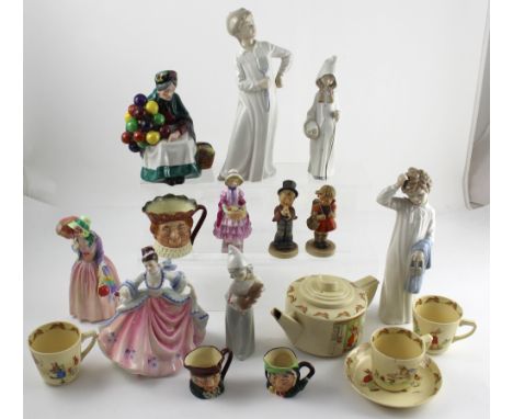 A collection of Doulton, Hummel, Lladro and other ceramic figures, and mixed ceramics to include character jugs, Bunnykins et