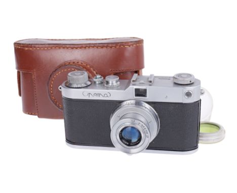 1950-, chrome, serial no. 038976, with Meopta Belar f/2.8 45mm lens, chrome, 052900, body, VG, shutter working, some haze to 