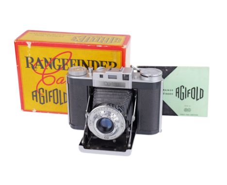 1949-59, chrome, serial no. 02108, with Agilux Anastigmat f/4.5 75mm lens, body, VG, shutter working, lens, G-VG, complete wi