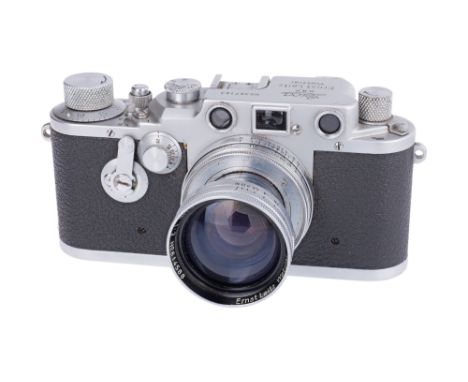 1942, chrome, red blind shutter, serial no. 367163, with Leitz Summitar f/2 50mm lens, chrome, serial no. 814588, body, G, sh