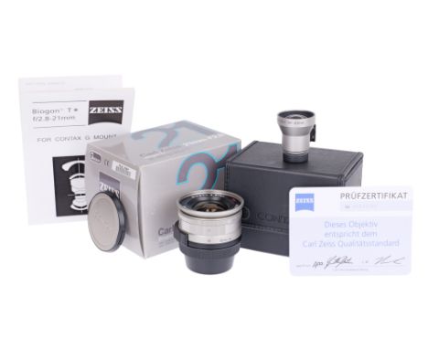 Contax G mount, champagne, serial no. 8181528, body, E, elements, VG, some light internal haze, complete with Contax GF-21 vi