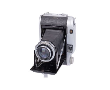 1955, chrome, serial no. 10060, with Ross Xpres f/3.8 105mm lens, chrome, serial no. 74298, body, F-G, some dings to bodywork