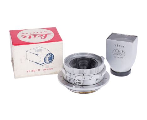 chrome, serial no. 1501995, body, VG-E, elements, VG, some light internal haze, complete with Leitz SLOOZ 28mm viewfinder, bo
